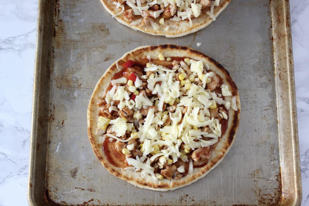 bbq chicken flatbread with vegies and cheese