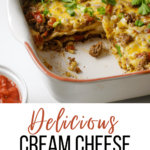 cream cheese enchilada casserole with bowl of salsa and pinterest text