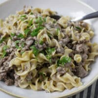 ground beef stroganoff in bowl with spoon and napkin