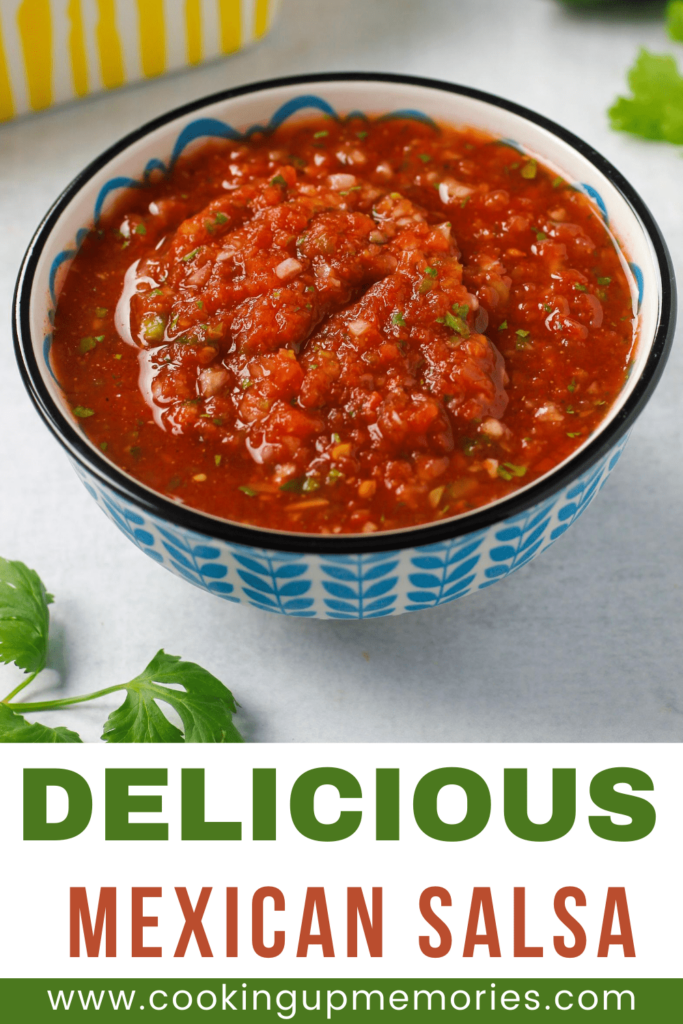 easy mexican salsa in a bowl with pinterest text