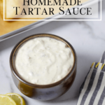 tartar sauce with lemon slices and pinterest text