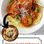 chicken meatballs with marinara and spaghetti in bowl with pinterest text