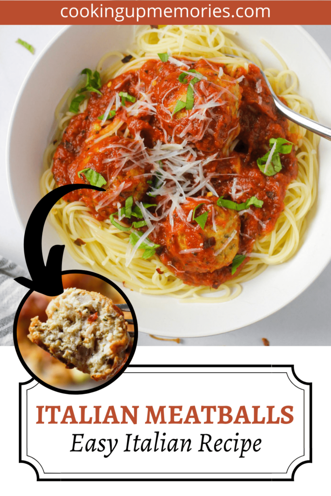 chicken meatballs with marinara and spaghetti in bowl with pinterest text