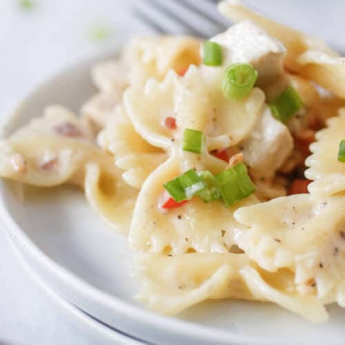 Ranch Bacon Chicken pasta on a white plate.