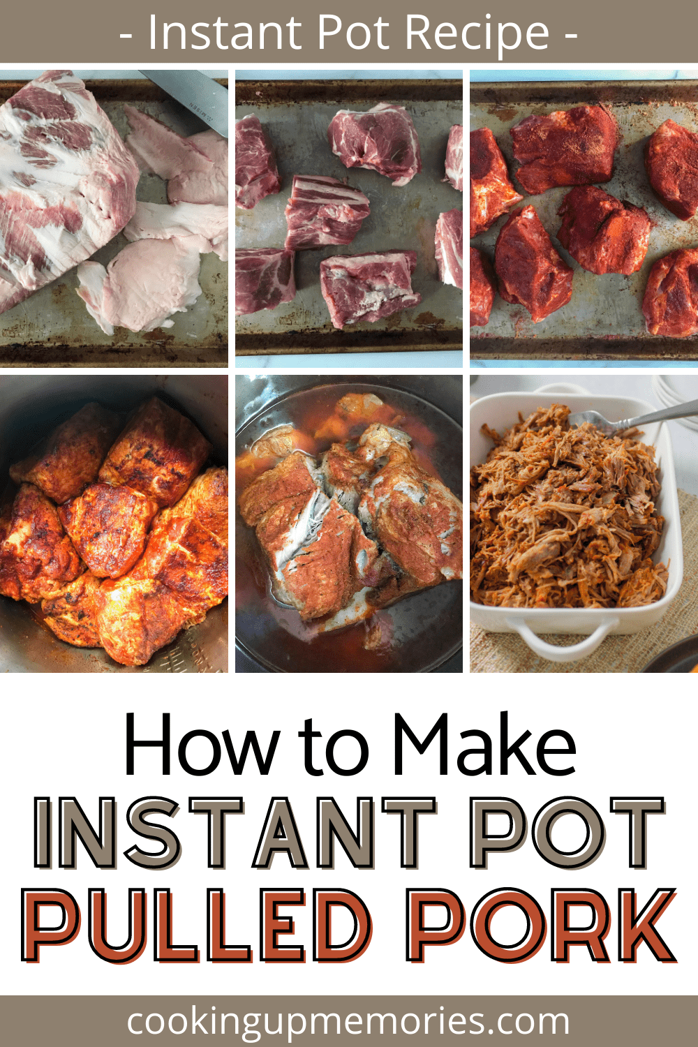 Six pictures for a how to make instant pot pulled pork guide.