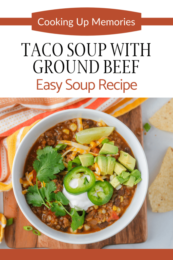 Pictures of a pot of taco soup and a bowl of soup with garnishes.