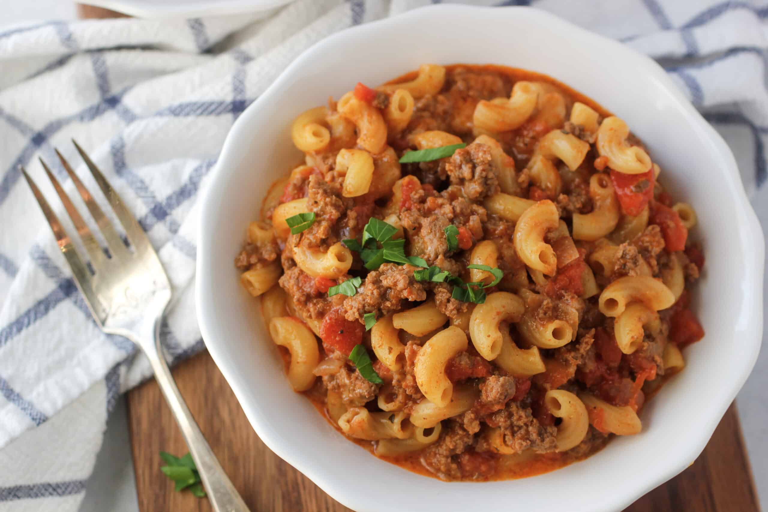 ground beef and noodles in a tomato sauce that make traditional goulash recipe