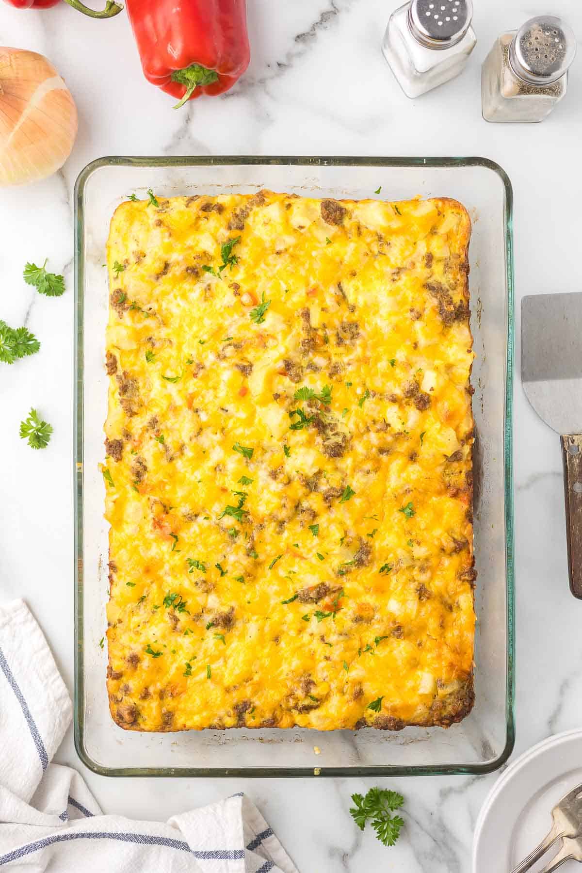 Breakfast Egg Bake recipe in a glass casserole dish.