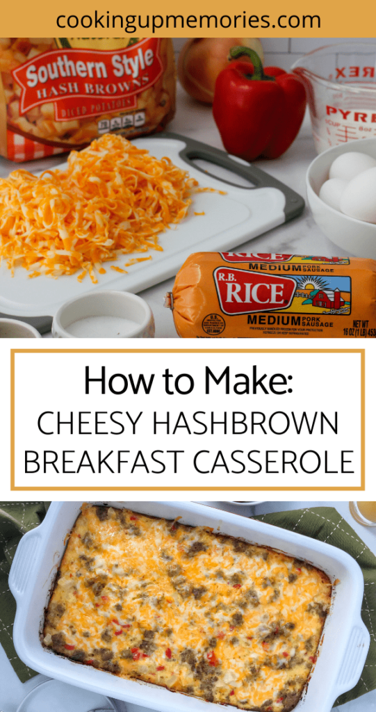all the ingredients to make cheesy hashbrown casserole breakfast and a picture of the casserole in a 9 x 13 pan