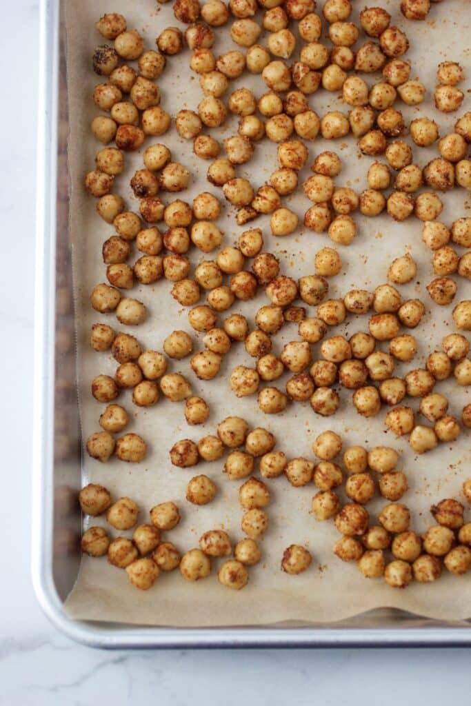 spicy roasted chickpeas prior to baking on baking sheet