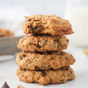 Peanut Butter Breakfast Cookies stacked four high.