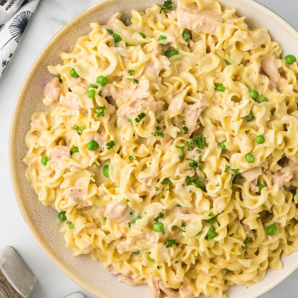 Instant Pot Tuna Noodle Casserole in a serving dish.