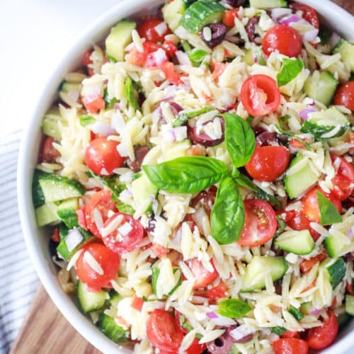 Greek Feta Salad in a white bowl.