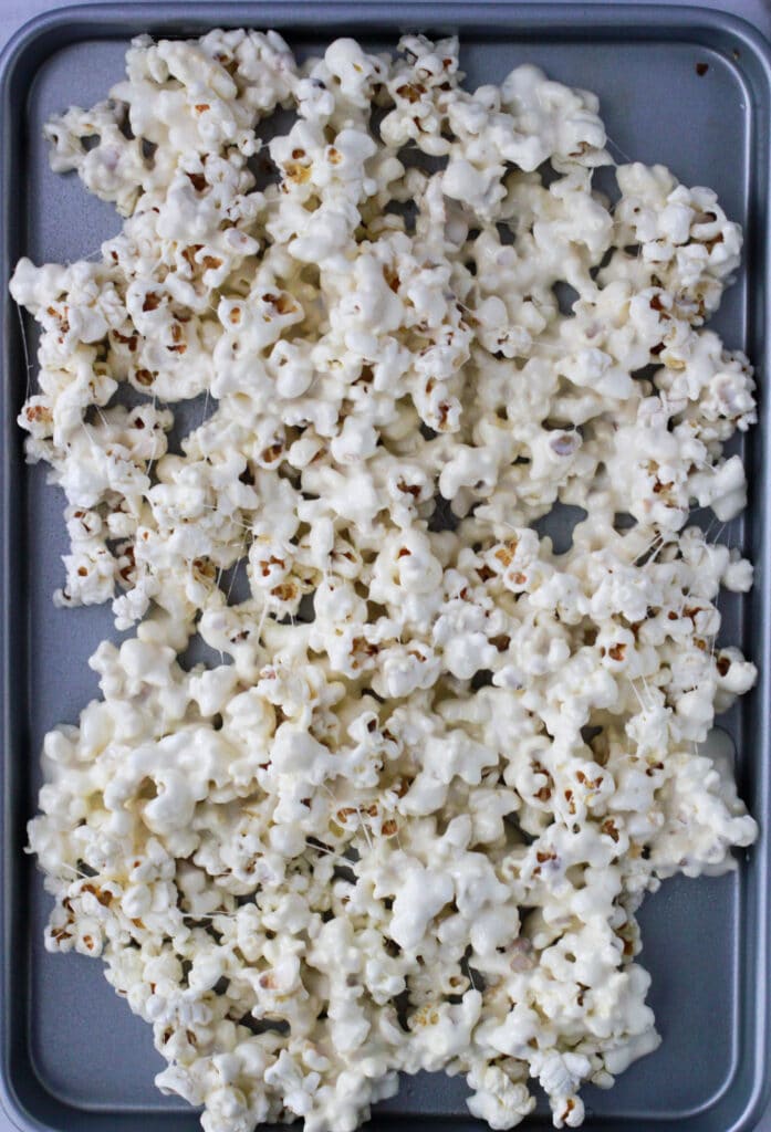 Easy Halloween Popcorn Mix on pan