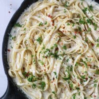 Parmesan Alfredo Sauce tossed with Fettuccine and garnished with fresh parsle and red pepper flakes