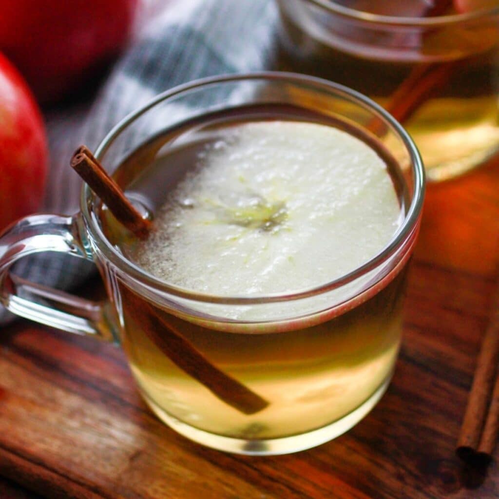 Apple Hot Toddy with a lemon slice and cinnamon stick as garnish.