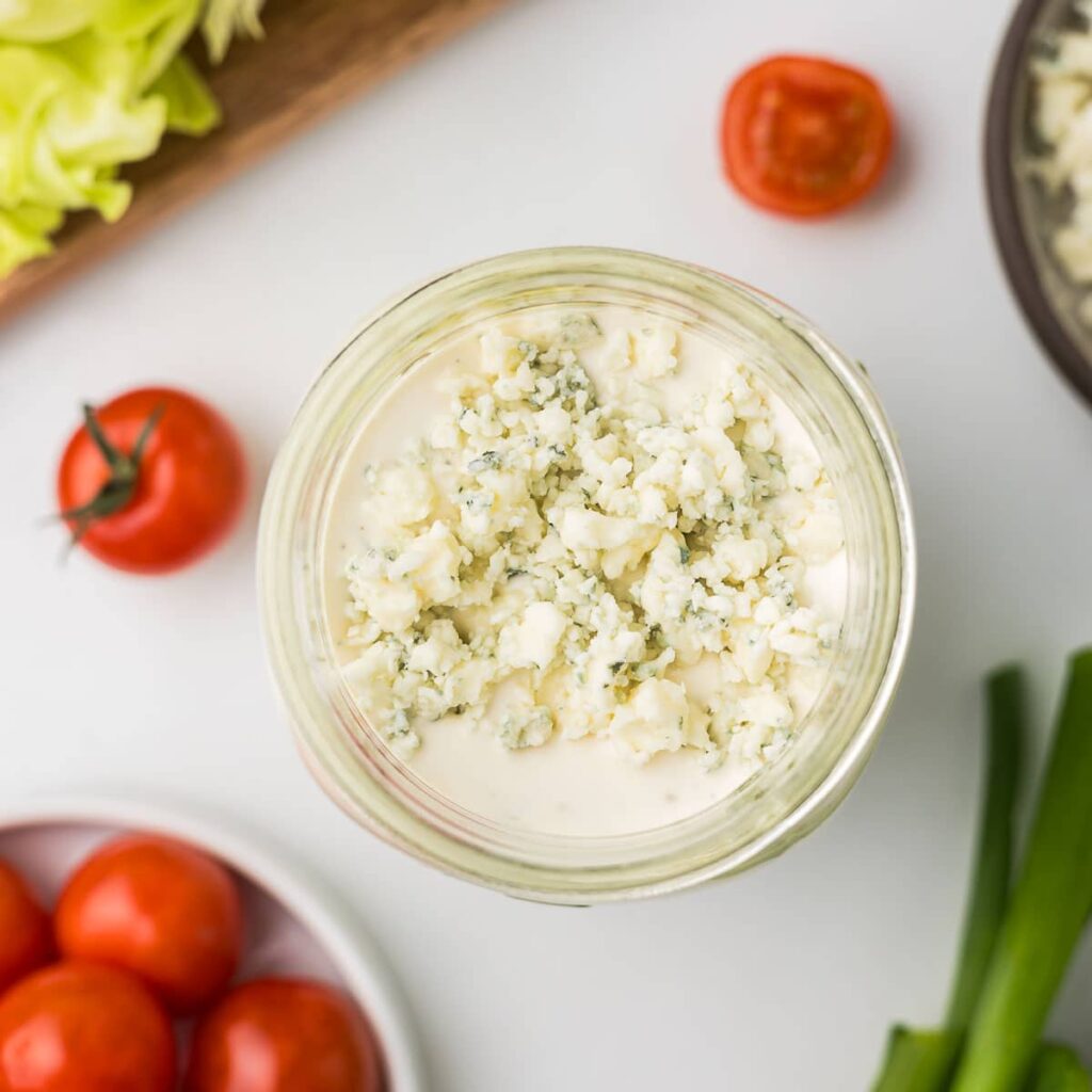 Blue cheese dressing in a mason jar.