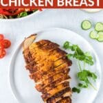 Mexican Chicken Breast on a white plate with pinterest text.