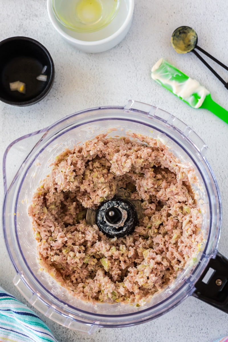 Ham salad in food processor after it has been processed.