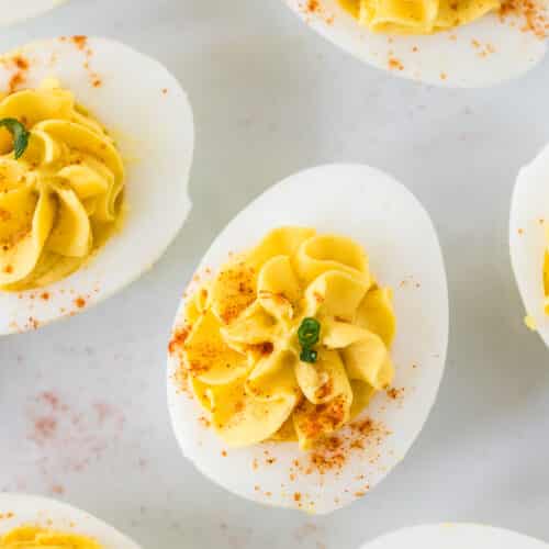 Deviled Eggs on a white plate.