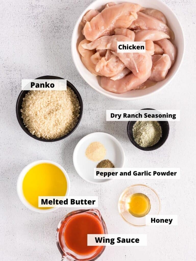 Ingredients to make air fryer buffalo chicken tenders.