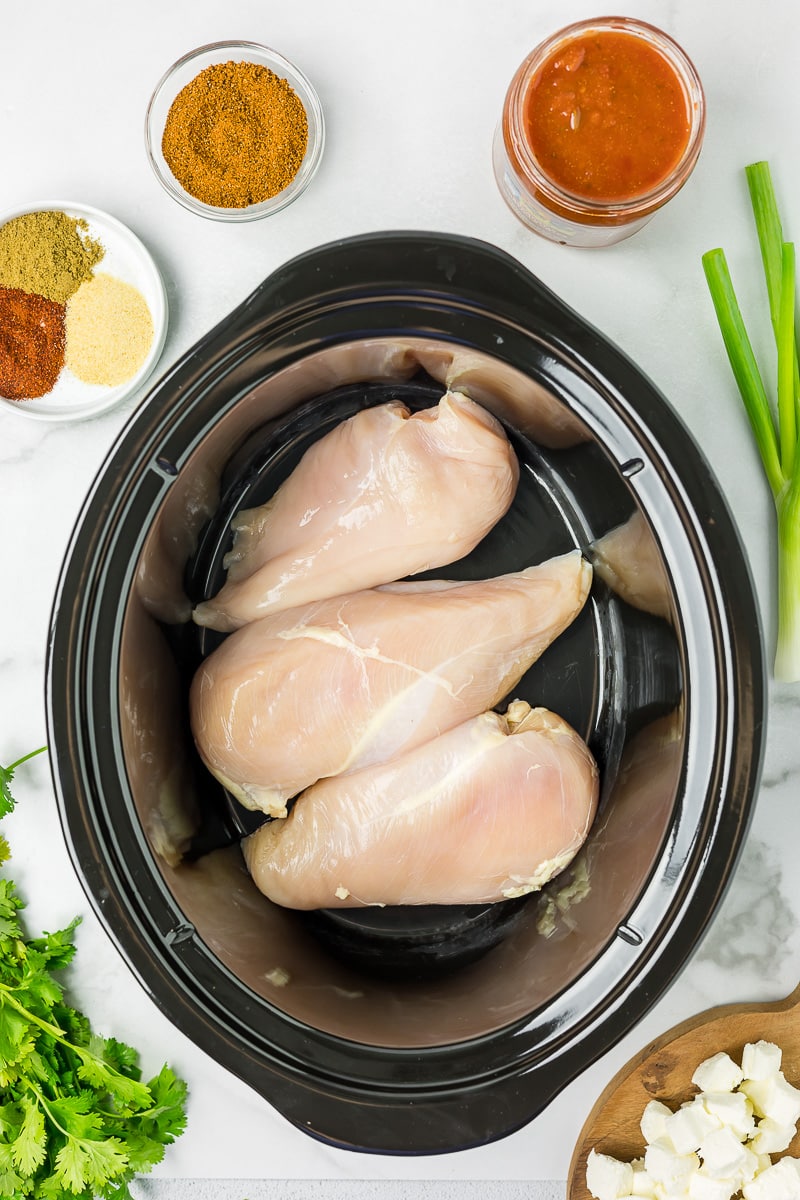 Raw chicken breasts arranged in a slow cooker for creamy salsa chicken.