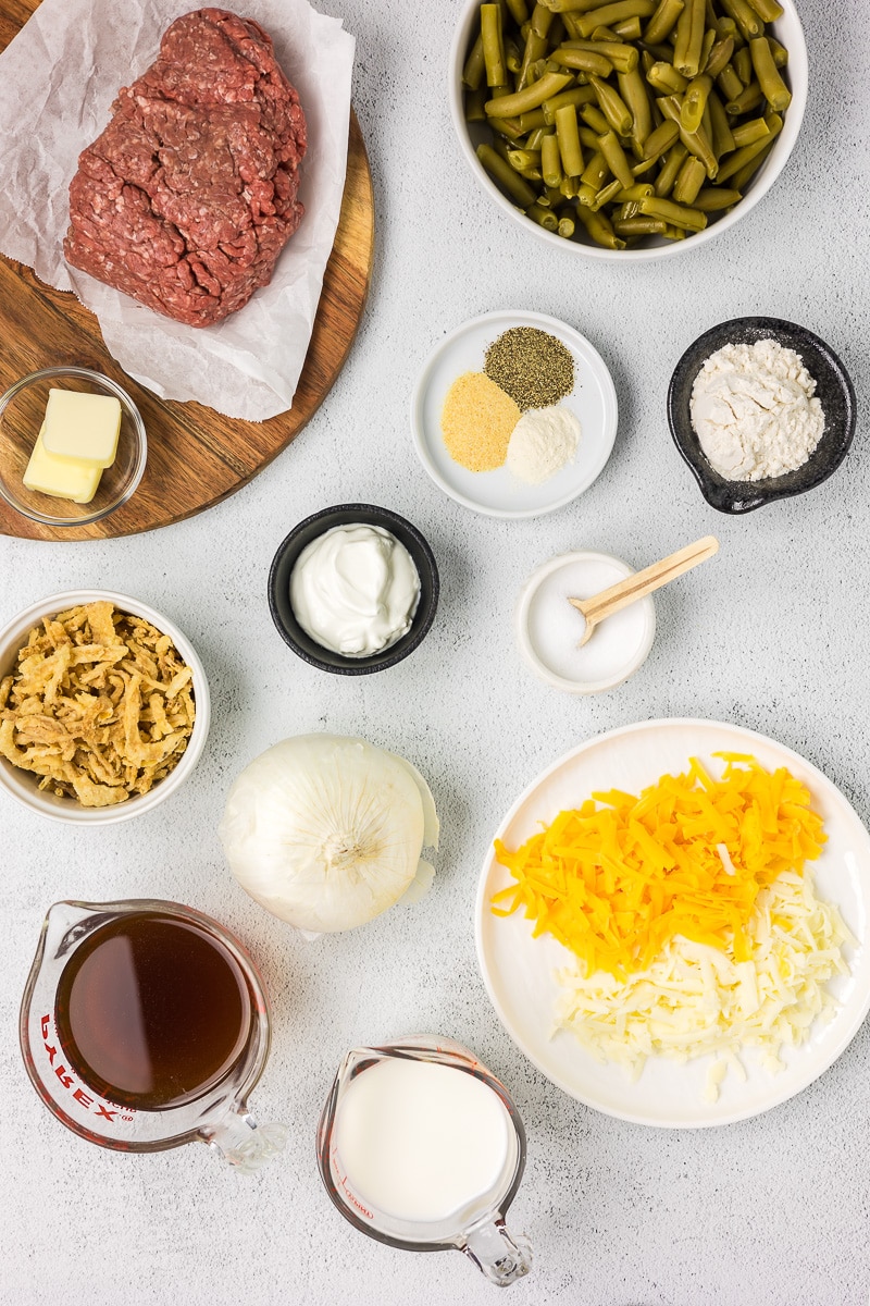 Ingredients to make hamburger green bean casserole.
