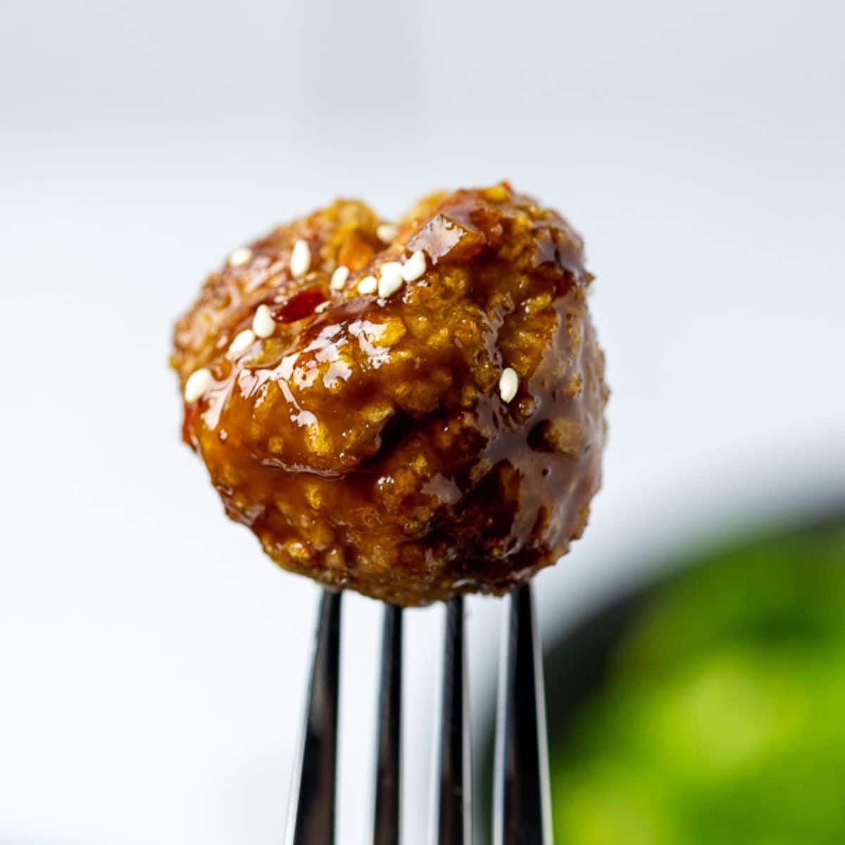 Asian Meatball on a fork.