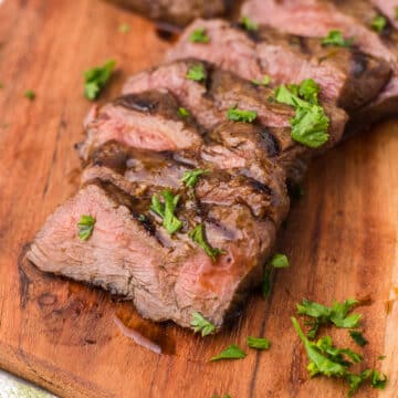 Flat Iron steak sliced on a plate.