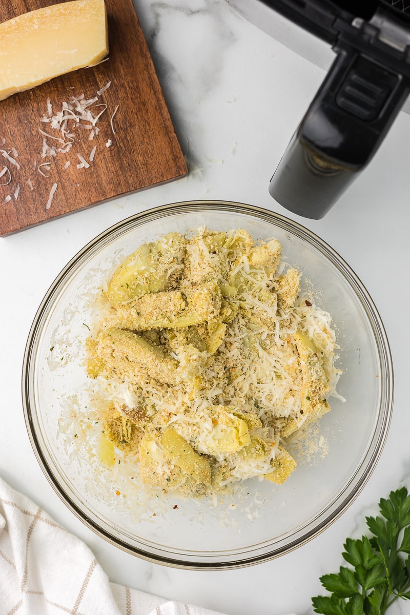 Artichoke Hearts with in a bowl before going into the air fryer.