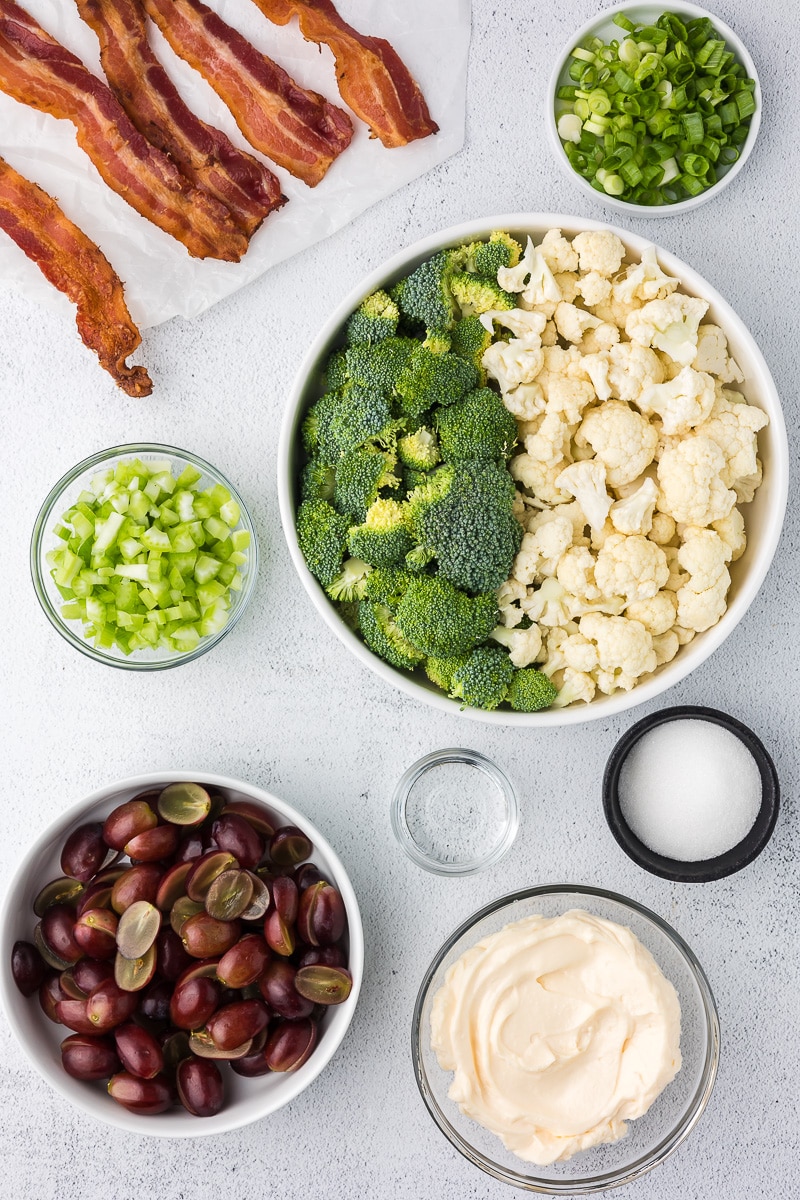 Ingredients to make Broccoli Cauliflower Salad.