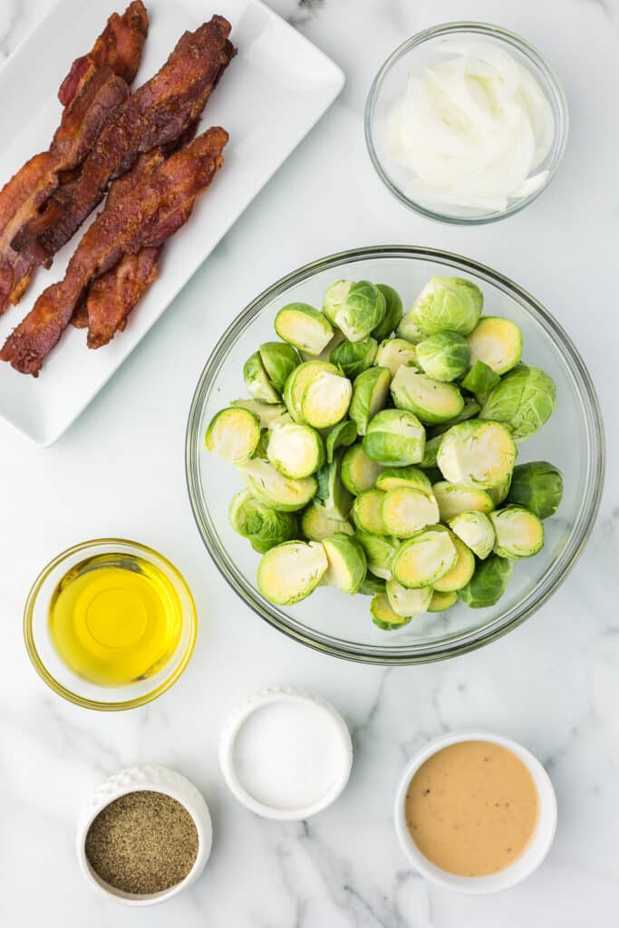 Ingredients to make Roasted Brussels Sprouts with Bacon.
