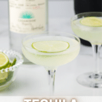 Tequila Gimlet in a glass with lime on top by Cookingupmemories.com