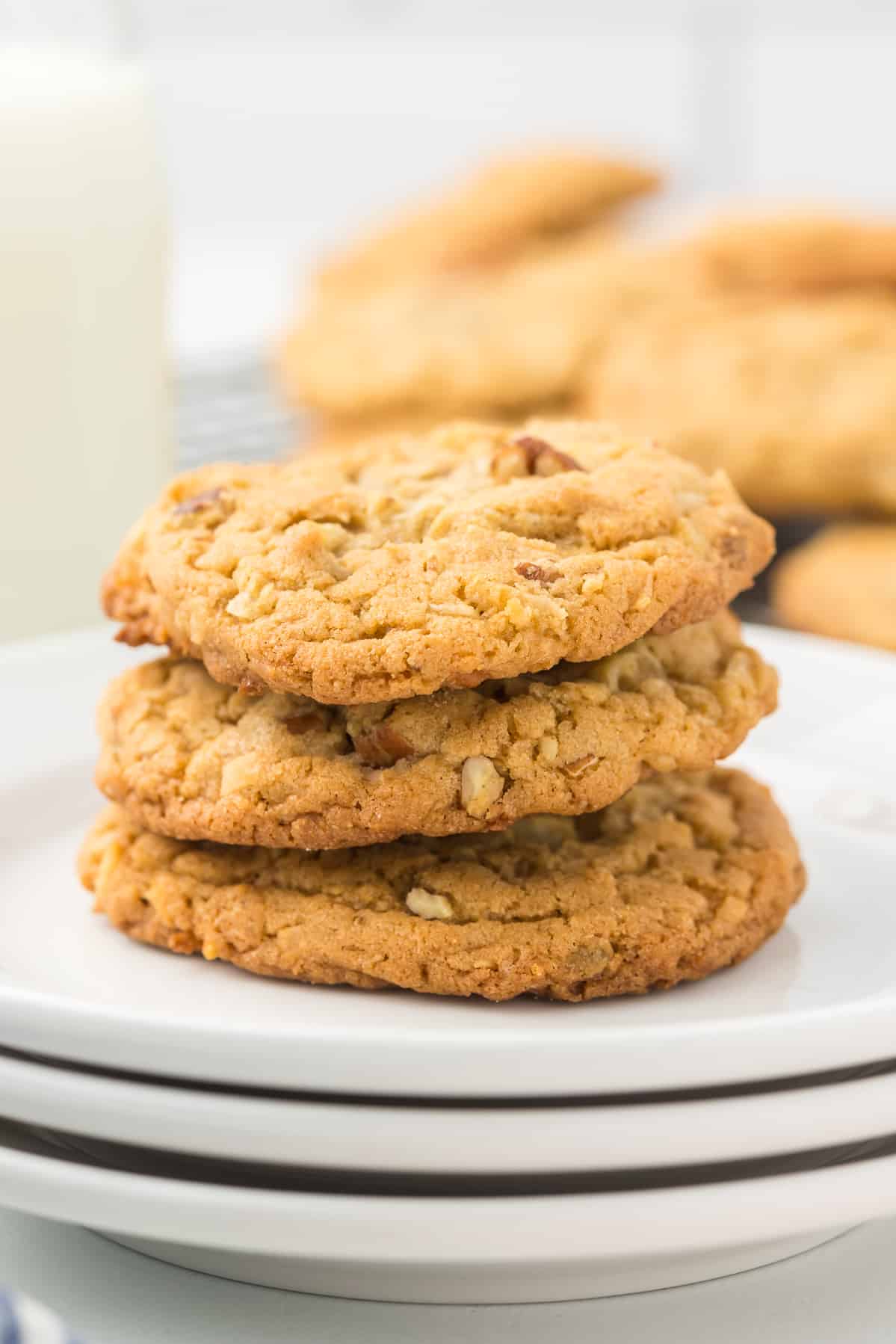 Coconut Pecan Cookies in a stack of three.