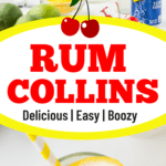 Rum Collins cocktail garnished with a lemon and cherry.