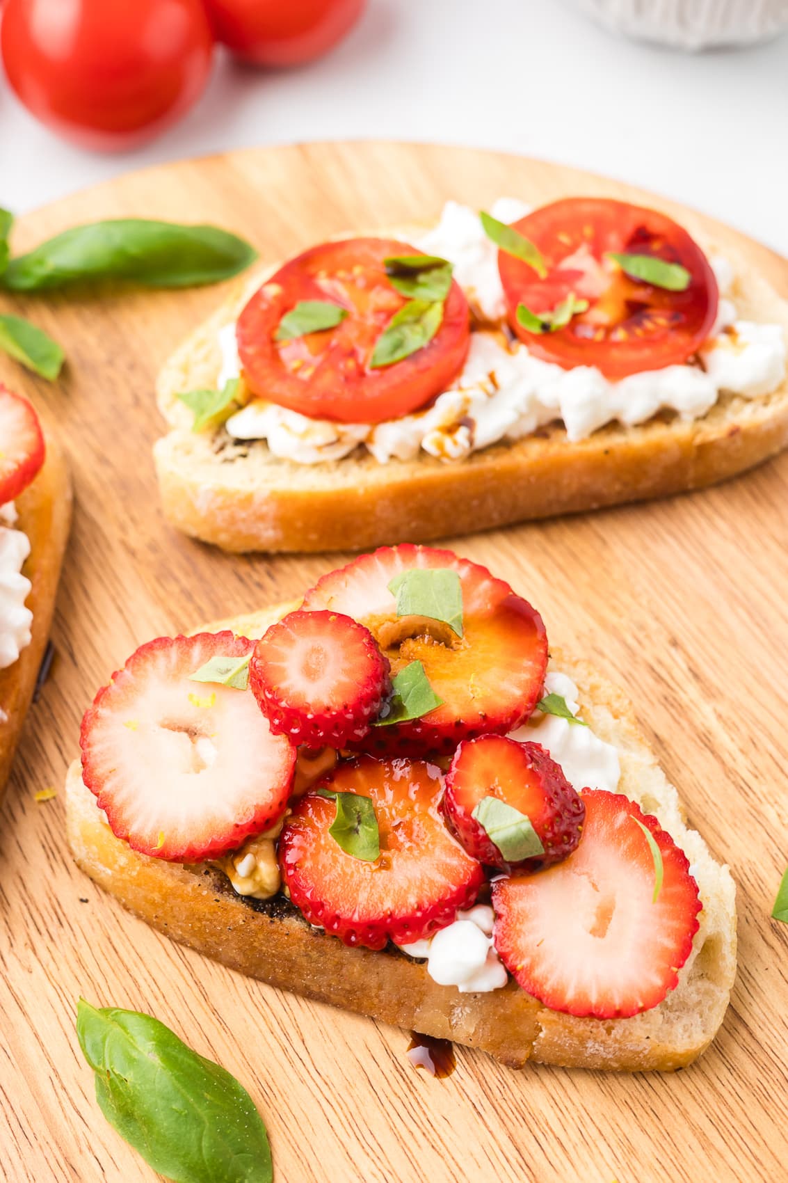 Cottage cheese toast with strawberries, basil and balsamic glaze.