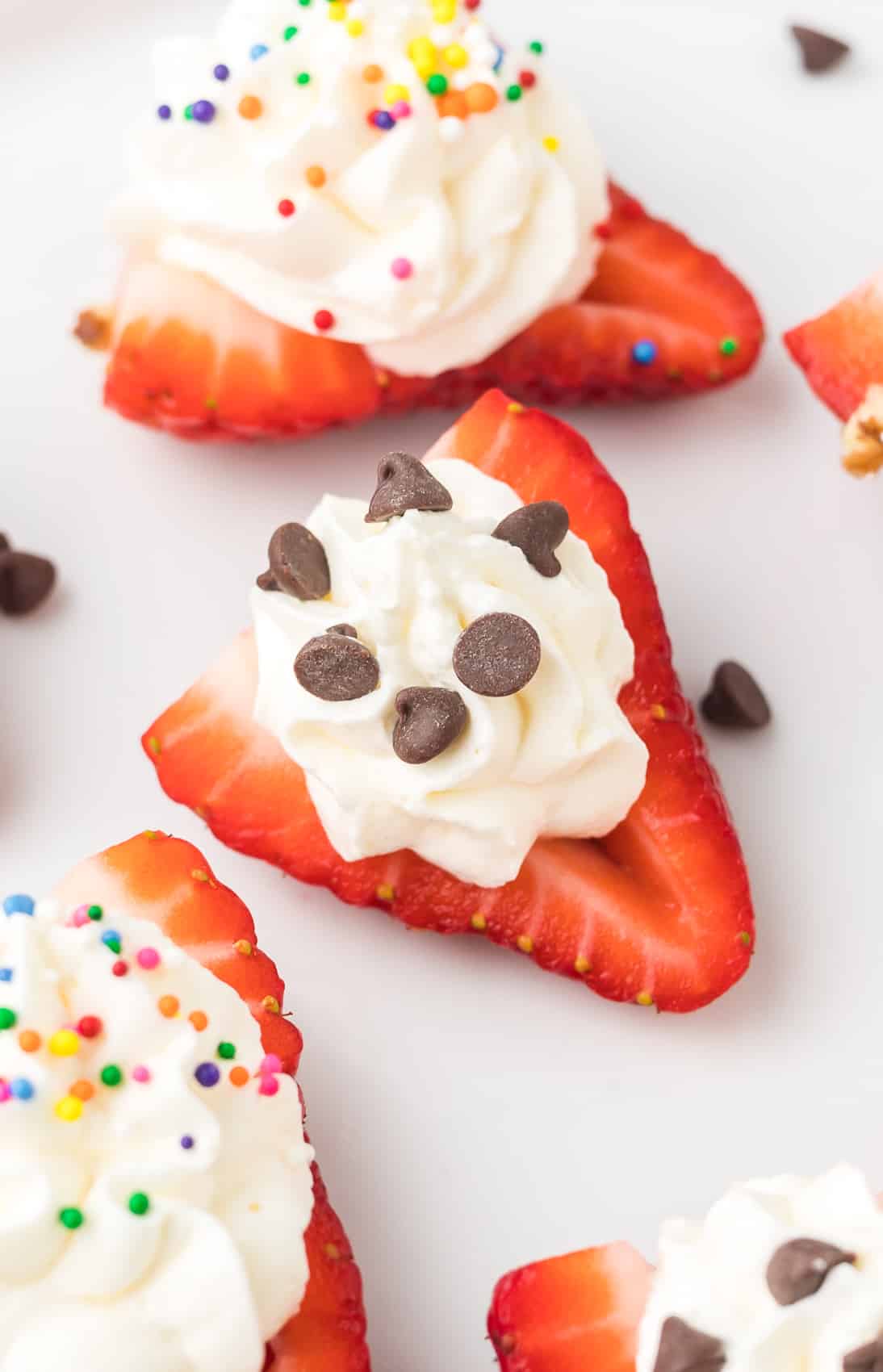 Deviled Strawberries with cream cheese filling and mini chocolate chips.