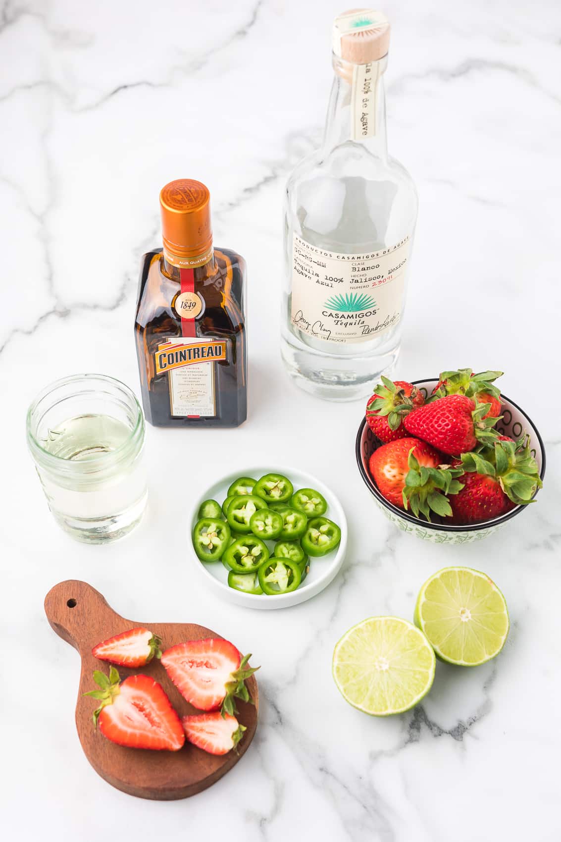 Ingredients to make strawberry jalapeno margaritas.