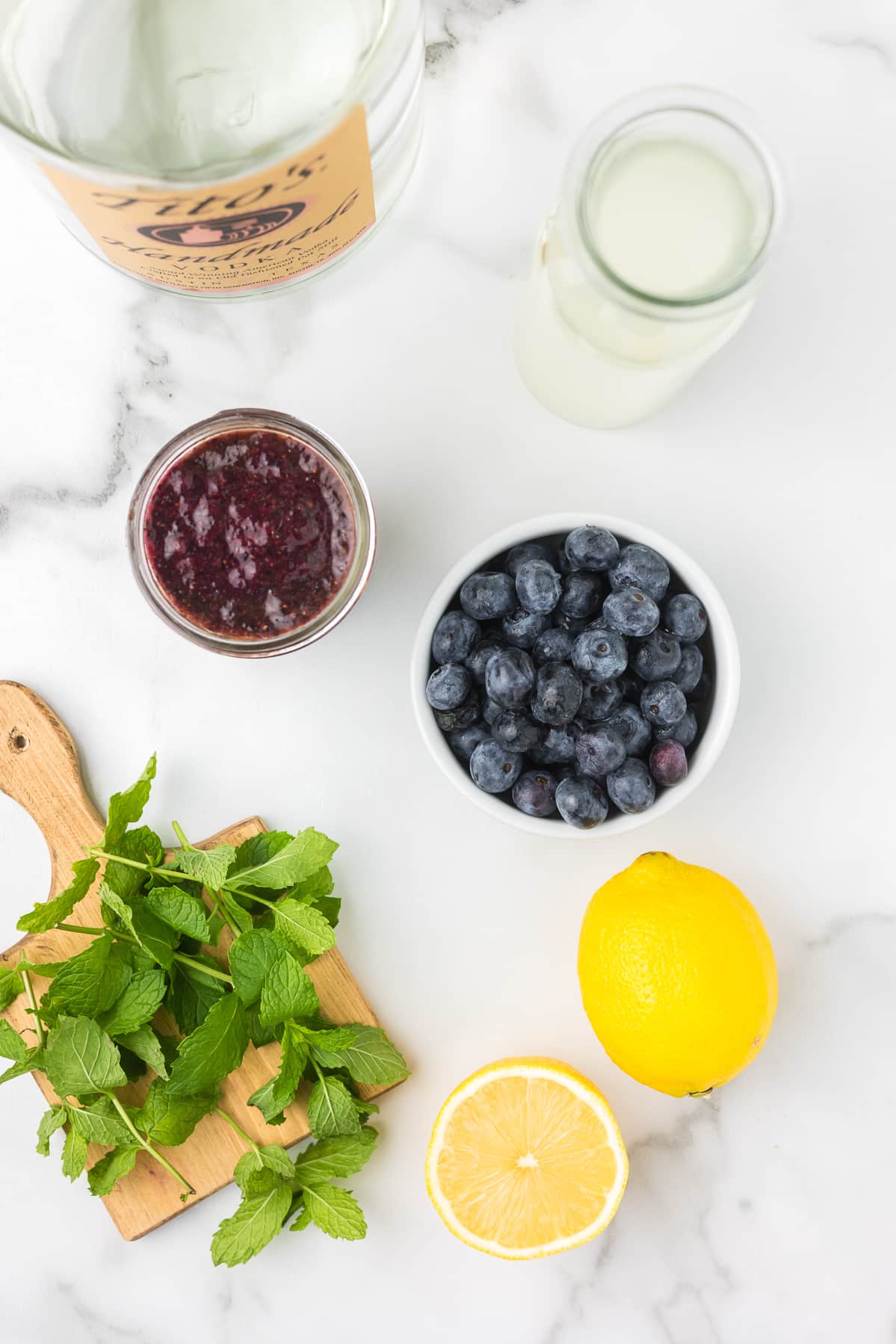 Ingredients to make a blueberry lemonade cocktail.