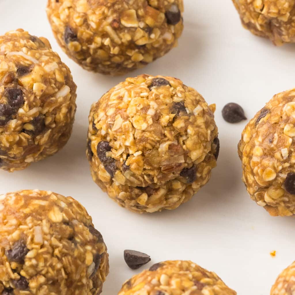 Pumpkin Protein Balls on a white plate.