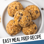Pumpkin protein balls on a white plate with pinterest text.