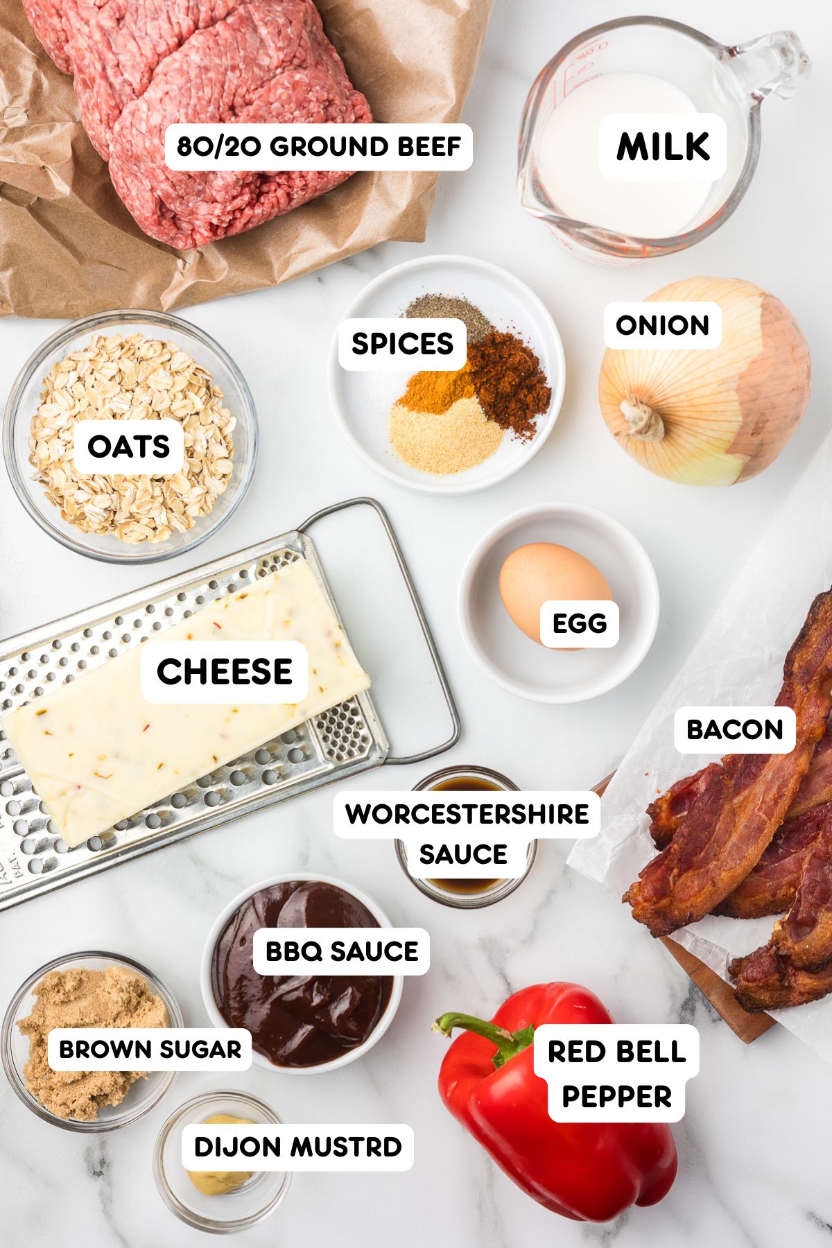 All of the ingredients on the counter to make meatloaf with bbq sauce.