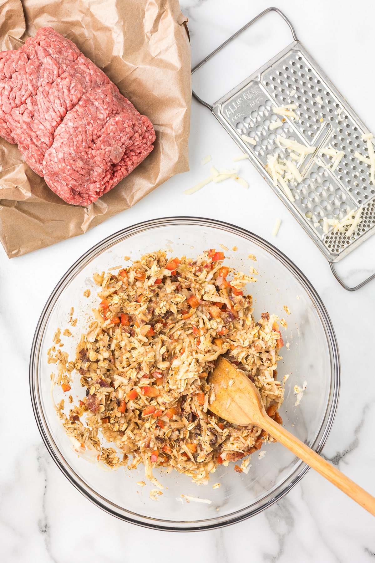 All ingredients for meatloaf before adding ground beef.