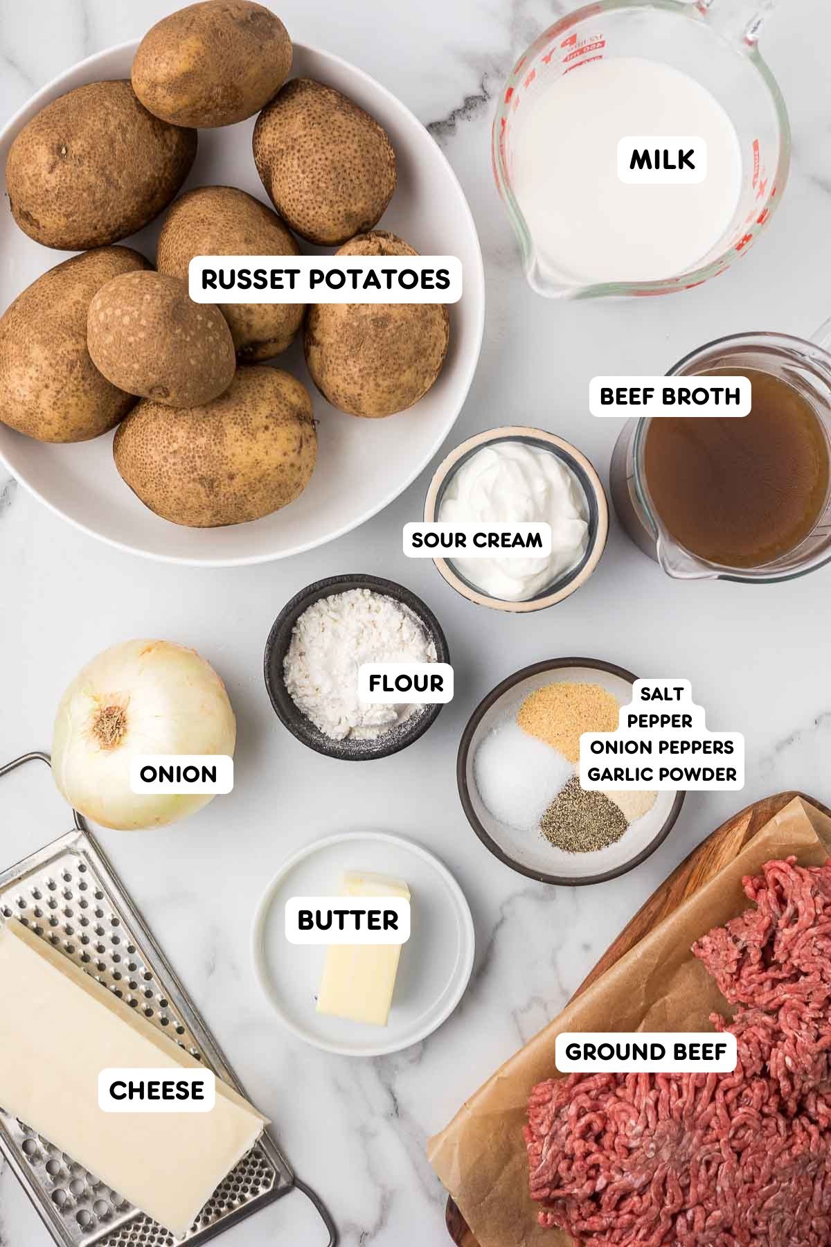 Ingredients to make a potato stroganoff casserole.