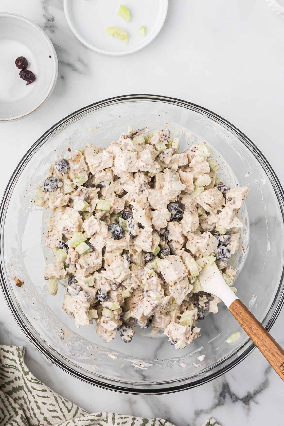 Cranberry Chicken Salad in a clear mixing bowl.