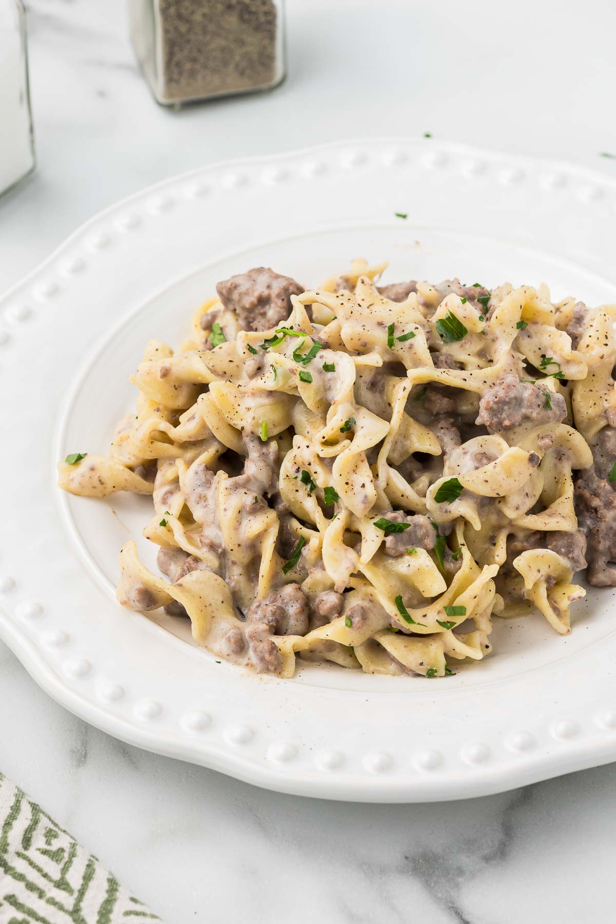 Ground Beef Stroganoff on a white plate.