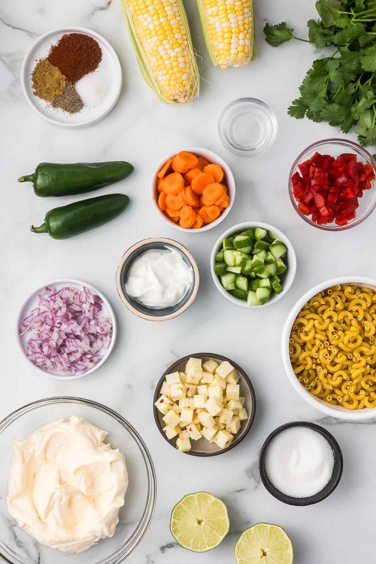 Ingredients to make a mexican pasta salad.