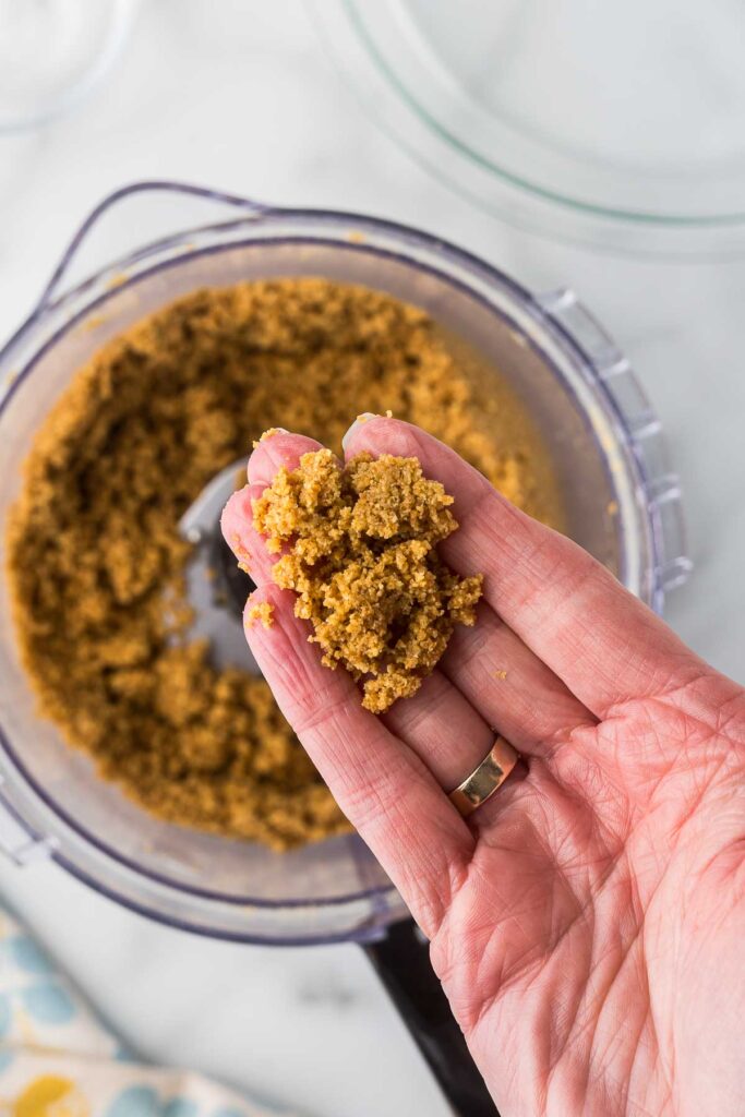 Graham cracker crust in hand to see texture.
