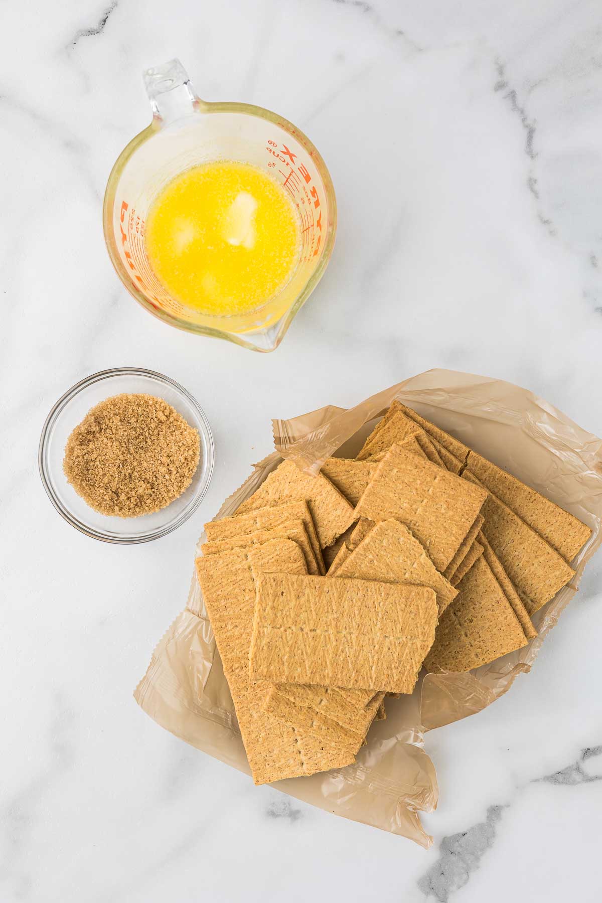 Graham crackers, brown sugar and melted butter to make a no bake graham cracker crust.