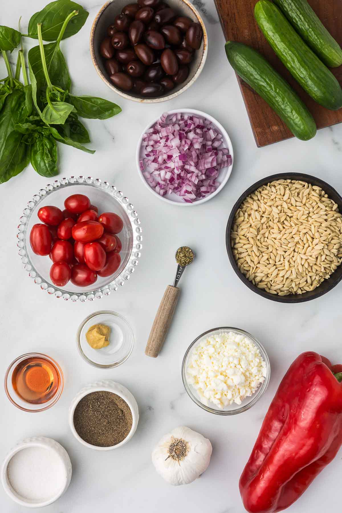 Ingredients for greek pasta salad with orzo.